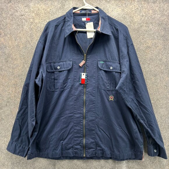 90s Tommy Hilfiger Shirt Jacket Mens Large Navy Blue Full Zip Vintage Bomber New - Picture 1 of 10
